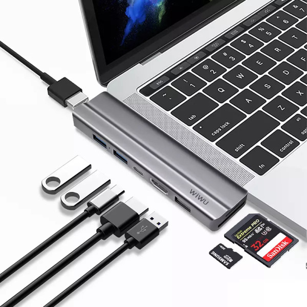 Перехідник для Макбука (Юсб Хаб) Адаптер 8 в 1 WIWU T9 HUB (Type-C до USB 3.0, USB 2.0, HDMI, SD, TF, PD) Gray