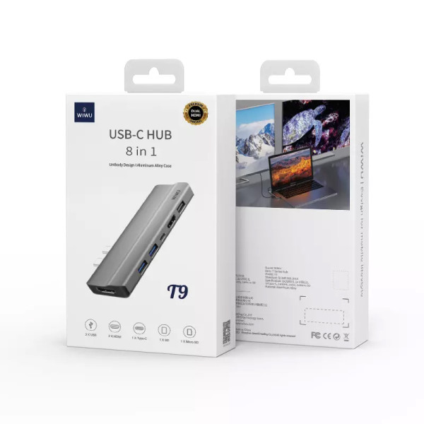 Перехідник для Макбука (Юсб Хаб) Адаптер 8 в 1 WIWU T9 HUB (Type-C до USB 3.0, USB 2.0, HDMI, SD, TF, PD) Gray