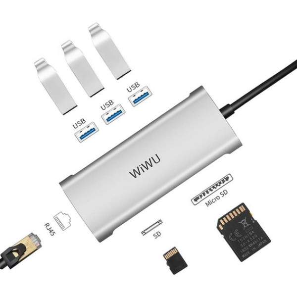 Адаптер WIWU Adapter Alpha 631STR 6in1 (3xUSB3.0+RJ45+SD+TF Card) Silver
