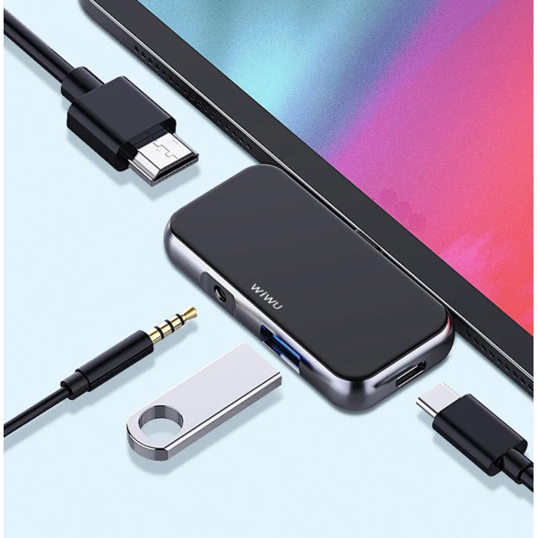 Адаптер WIWU T5 Pro 4in1 (1xHDMI+1x3.5MM+1xUSB3.0+1xType-C)