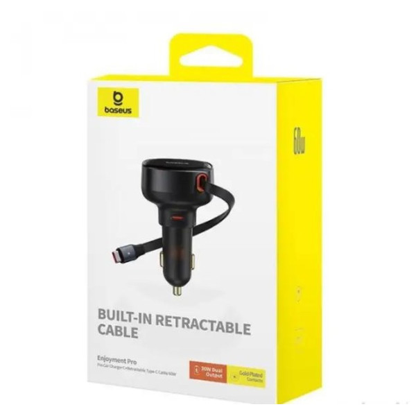 АЗУ Baseus Enjoyment Pro Car Charger USB  + Retractable C & iP Cable 60w (Black)